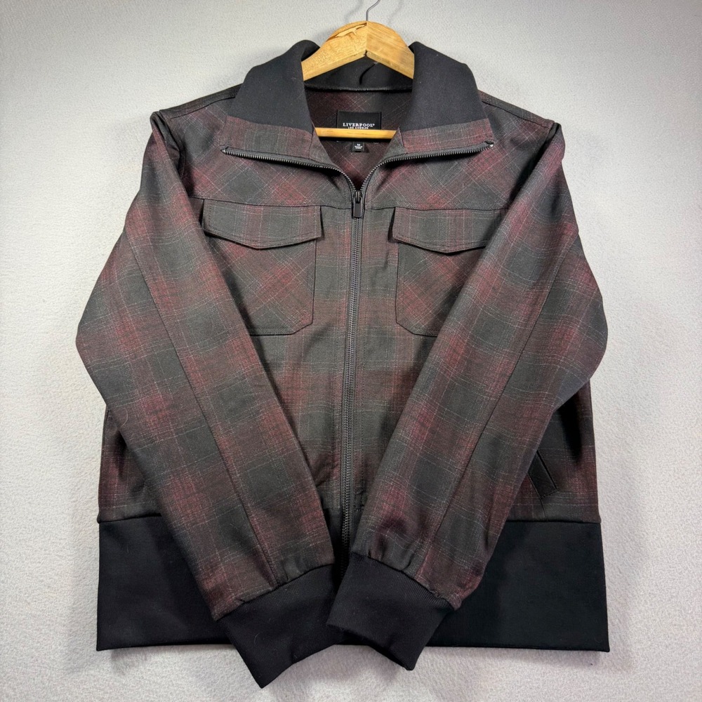 Liverpool Los Angeles Plaid Full Zip Bomber Jacket Red Black Women Medium